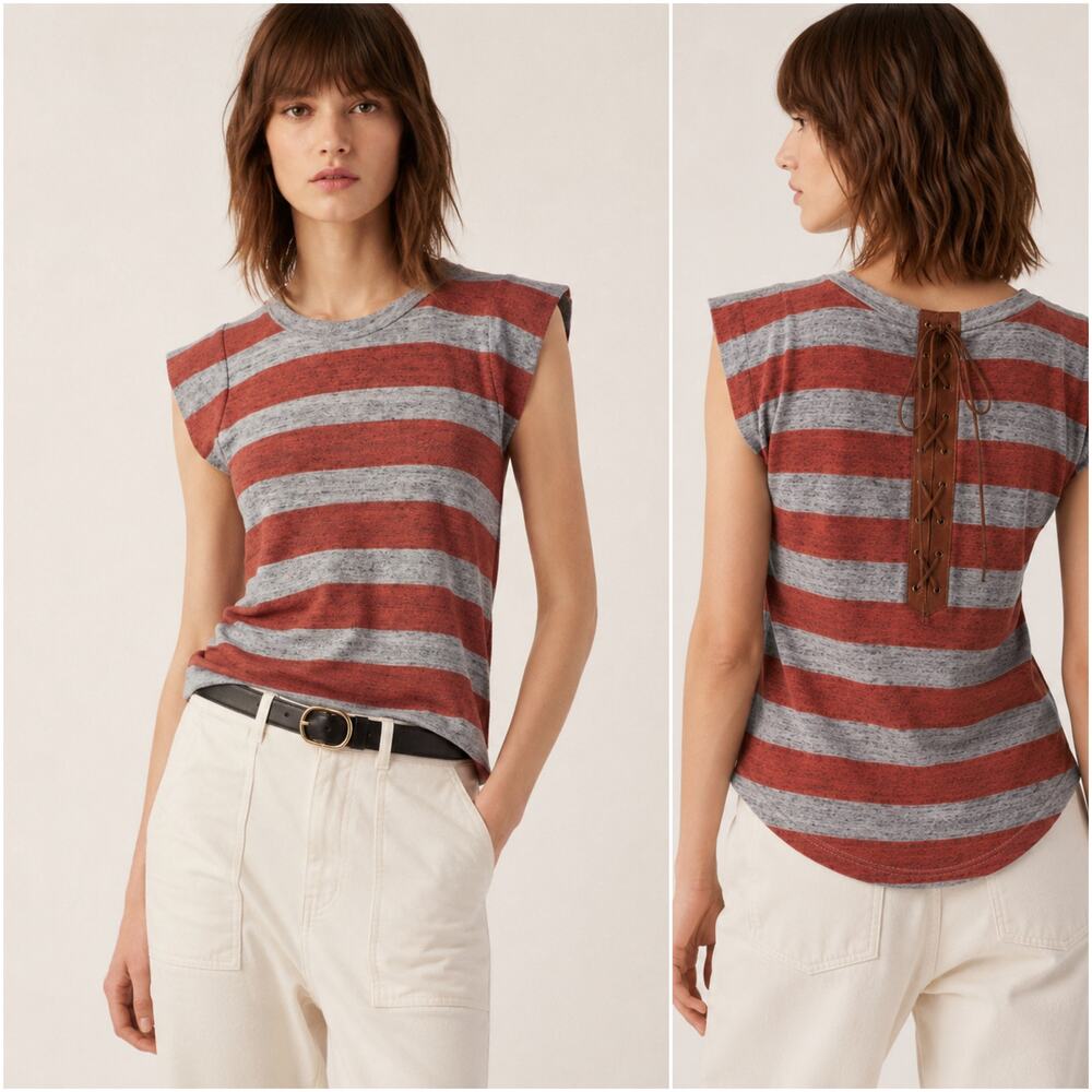 SANDRO Short Sleeve Sweatshirt Back Leather Lace up Striped Size 3